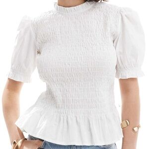 NWT ASOS White Smocked Puff Sleeve Top - Size 4